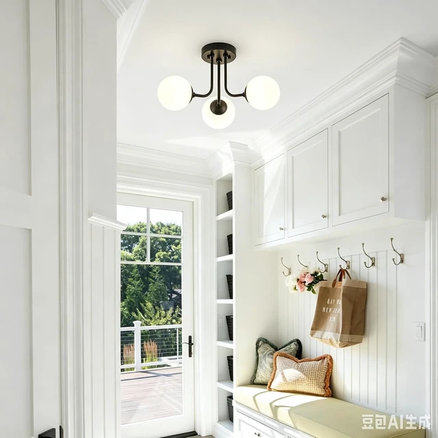 Alt view image 3 of 7 - Mid Century Semi Black Mount Ceiling Light with 3-Light Sputnik Glass Shade