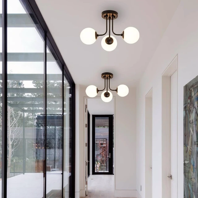 Alt view image 6 of 7 - Mid Century Semi Black Mount Ceiling Light with 3-Light Sputnik Glass Shade