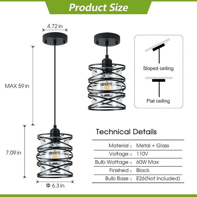 Alt view image 3 of 7 - 1-Pack Pendant Light Fixtures 6.3Inch Black Spiral Kitchen Island Light