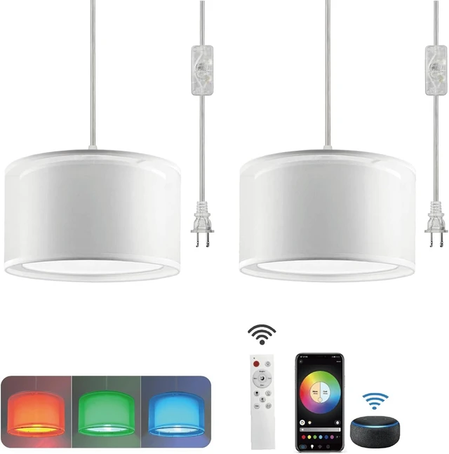 Main image of Hanging Lamp Plug in Pendant Light 2 Pack with Remote Control, 15Ft Hanging Lights with Plug in Cord White Double Shade Ceiling Pendant Light for Living Room, Bedroom, Kitchen