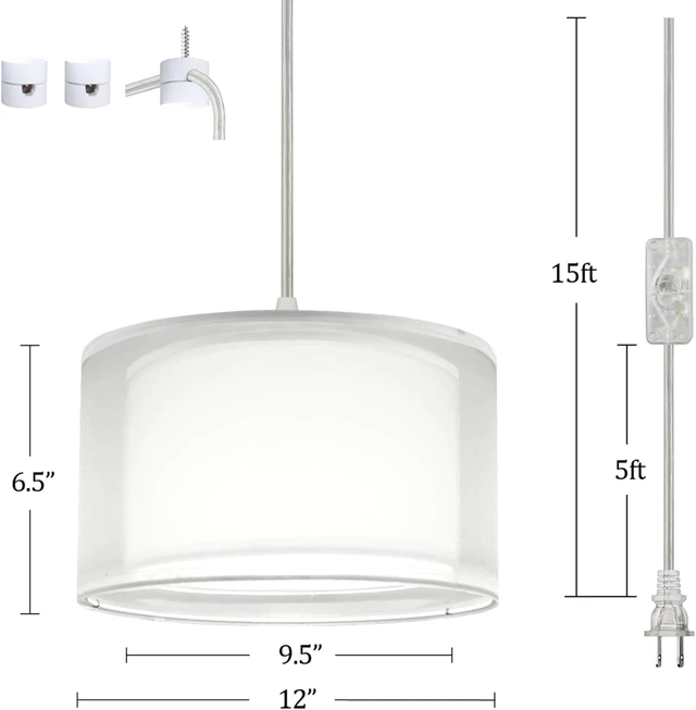 Alt view image 6 of 7 - Hanging Lamp Plug in Pendant Light 2 Pack with Remote Control, 15Ft Hanging Lights with Plug in Cord White Double Shade Ceiling Pendant Light for Living Room, Bedroom, Kitchen