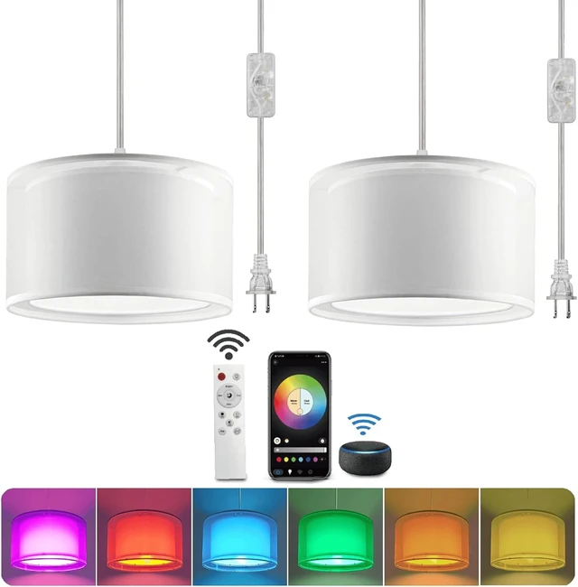 Alt view image 7 of 7 - Hanging Lamp Plug in Pendant Light 2 Pack with Remote Control, 15Ft Hanging Lights with Plug in Cord White Double Shade Ceiling Pendant Light for Living Room, Bedroom, Kitchen
