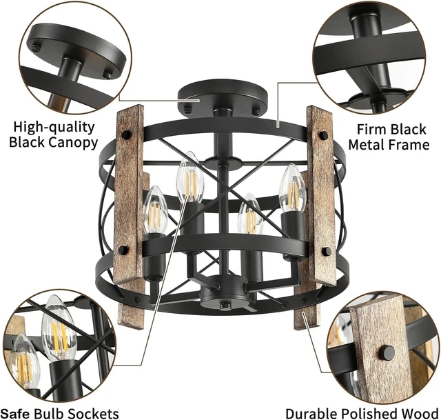 Alt view image 3 of 7 - Black Semi Flush Mount Ceiling Light, 4-Light