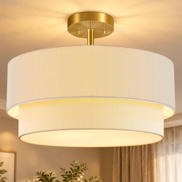 Main image of Gold Semi Flush Mount Ceiling Light, 16.5'' White Linen 2-Layer Drum Shade