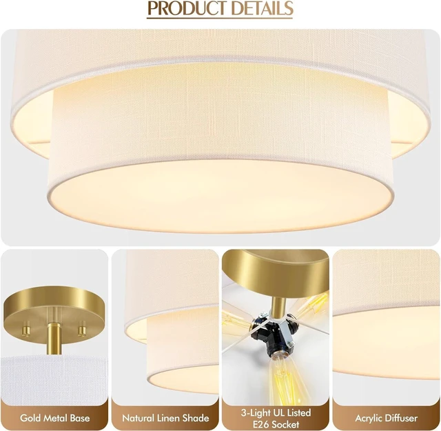 Alt view image 2 of 7 - Gold Semi Flush Mount Ceiling Light, 16.5'' White Linen 2-Layer Drum Shade