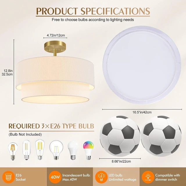 Alt view image 3 of 7 - Gold Semi Flush Mount Ceiling Light, 16.5'' White Linen 2-Layer Drum Shade