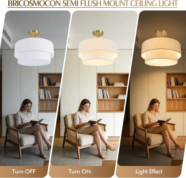 Alt view image 4 of 7 - Gold Semi Flush Mount Ceiling Light, 16.5'' White Linen 2-Layer Drum Shade