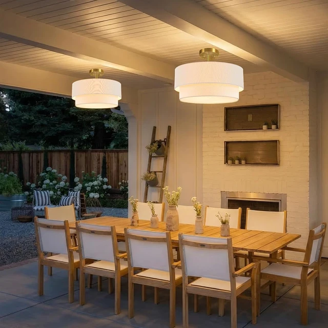 Alt view image 5 of 7 - Gold Semi Flush Mount Ceiling Light, 16.5'' White Linen 2-Layer Drum Shade
