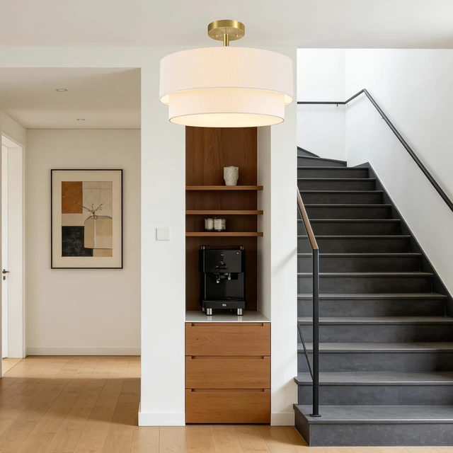 Alt view image 6 of 7 - Gold Semi Flush Mount Ceiling Light, 16.5'' White Linen 2-Layer Drum Shade