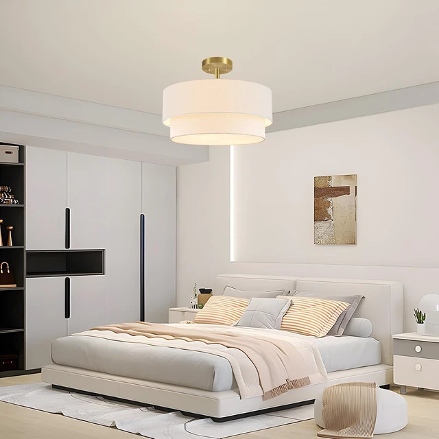 Alt view image 7 of 7 - Gold Semi Flush Mount Ceiling Light, 16.5'' White Linen 2-Layer Drum Shade