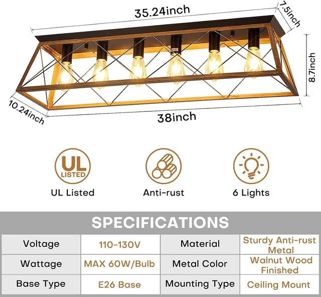 Alt view image 2 of 7 - 38 Farmhouse Large Flush Mount Ceiling Light Fixture with Walnut Finish