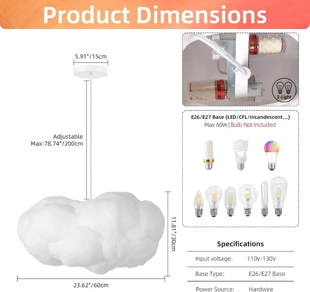 Alt view image 4 of 7 - Arturesthome 2-Lights Hanging Cloud Pendant Lighting, Modern Fluffy Cotton Chandelier Ceiling Light Fixture for Children Girls Kids Living Room White-23.6in
