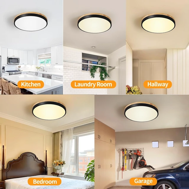 Alt view image 4 of 7 - 12 Inch Wood LED Flush Mount Ceiling Light Fixtures 5CCT 2700-5000K 24W Dimmable | Overhead Light | Round | Black | Ceiling Lamp | Bathroom | Bedroom | Kitchen | Hallway | Laundry Room