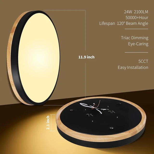 Alt view image 6 of 7 - 12 Inch Wood LED Flush Mount Ceiling Light Fixtures 5CCT 2700-5000K 24W Dimmable | Overhead Light | Round | Black | Ceiling Lamp | Bathroom | Bedroom | Kitchen | Hallway | Laundry Room