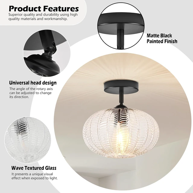 Alt view image 5 of 7 - Bagood 10" Black Glass Flush Mount Light Fixture Mid Century Modern Flush Mount Ceiling Light Textured Vintage Light Fixtures for Entryway Foyer Hallway Corridor Bedroom Closet (Bulb Included)