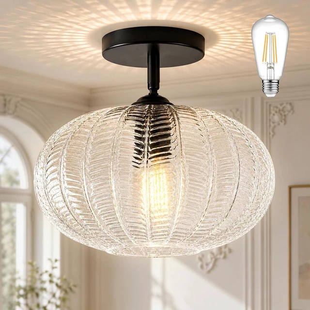 Main image of Bagood 10" Black Glass Flush Mount Light Fixture Mid Century Modern Flush Mount Ceiling Light Textured Vintage Light Fixtures for Entryway Foyer Hallway Corridor Bedroom Closet (Bulb Included)