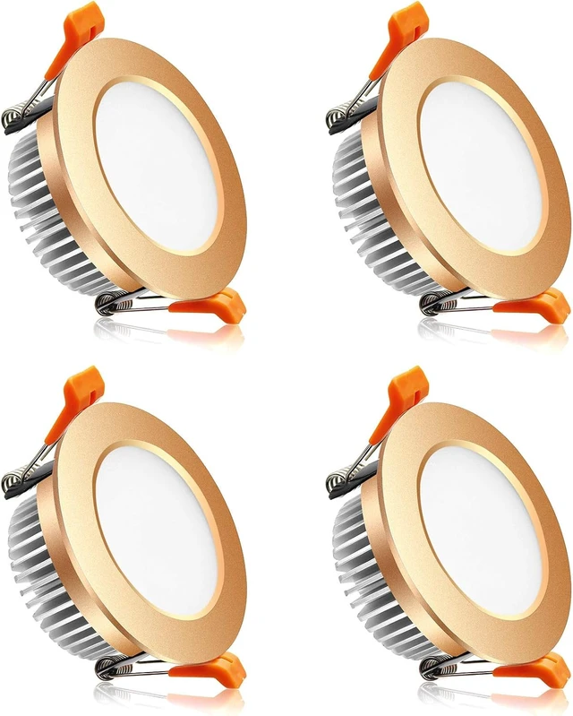 Main image of 3 Inch LED Recessed Lighting, Dimmable Downlight 5W (40W Halogen Equivalent), 4000K Natural White Ceiling Light, CRI80+, Gold Trim Recessed Lights with LED Driver (4 Pack)