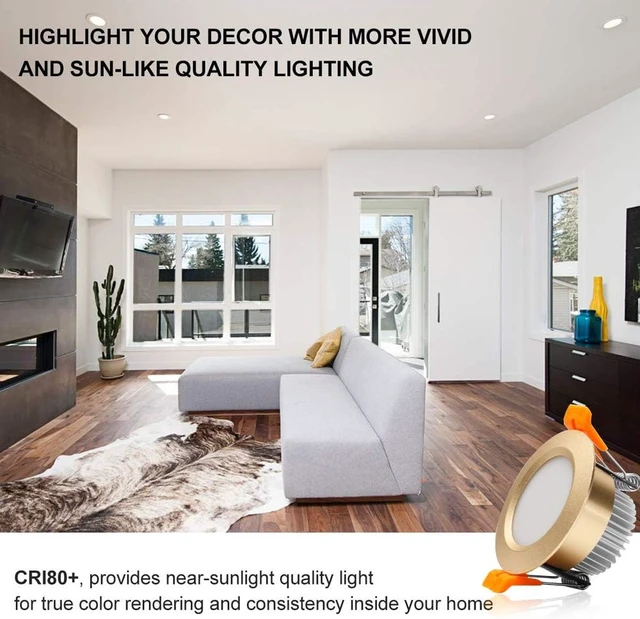 Alt view image 2 of 6 - 3 Inch LED Recessed Lighting, Dimmable Downlight 5W (40W Halogen Equivalent), 4000K Natural White Ceiling Light, CRI80+, Gold Trim Recessed Lights with LED Driver (4 Pack)