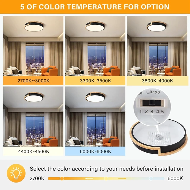 Alt view image 2 of 7 - Dimmable Wood LED Flush Mount Ceiling Lights,Black Lighting Fixtures 15.8in