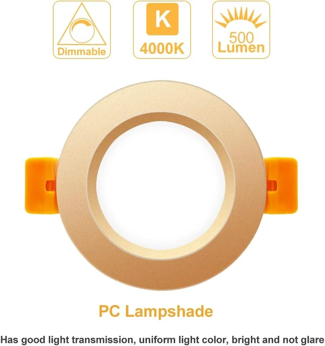 Alt view image 3 of 6 - 3 Inch LED Recessed Lighting, Dimmable Downlight 5W (40W Halogen Equivalent), 4000K Natural White Ceiling Light, CRI80+, Gold Trim Recessed Lights with LED Driver (4 Pack)