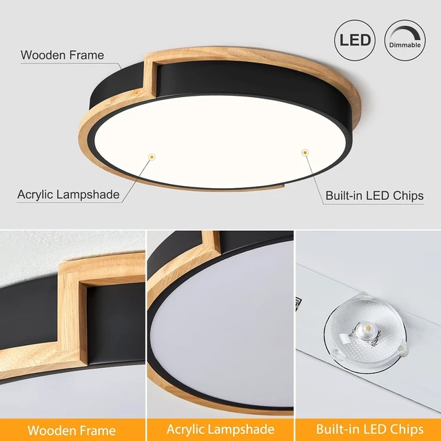 Alt view image 5 of 7 - Dimmable Wood LED Flush Mount Ceiling Lights,Black Lighting Fixtures 15.8in