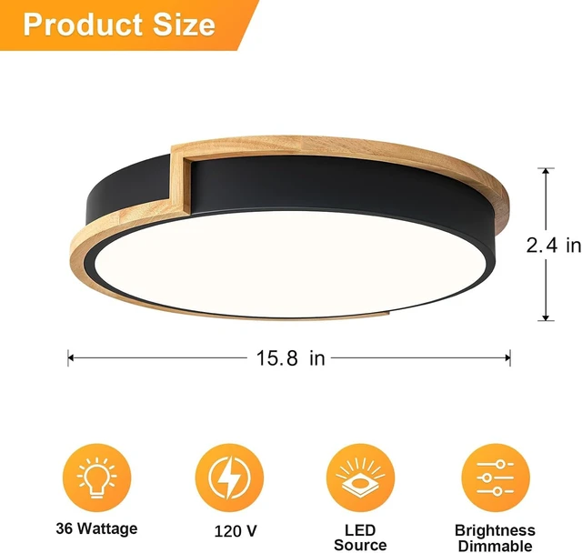 Alt view image 6 of 7 - Dimmable Wood LED Flush Mount Ceiling Lights,Black Lighting Fixtures 15.8in