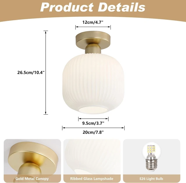 Alt view image 2 of 7 - KCO Modern Gold 7.9 Cylinder White Ribbed Glass Flush Mount Ceiling Light