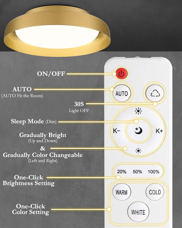 Alt view image 4 of 6 - Ken & Ricky Flush Mount Ceiling Light with Remote,Brush Gold,12 in,2PK