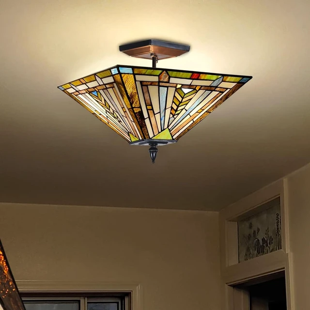 Alt view image 2 of 6 - Tiffany Ceiling Light 14" Mission Style Semi-Flushmount Stained Glass Shade