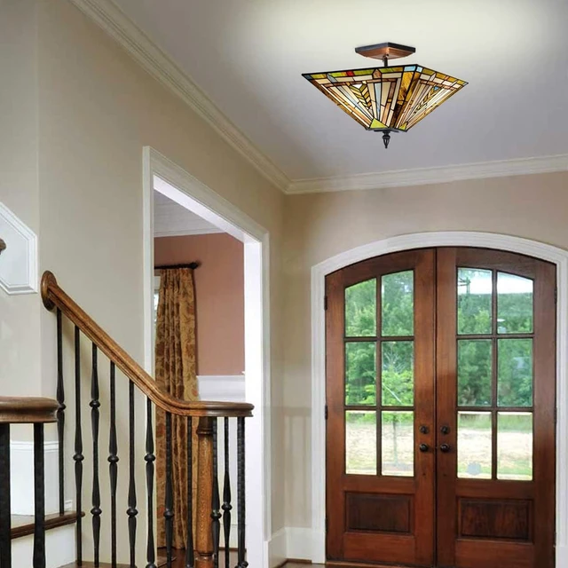 Alt view image 3 of 6 - Tiffany Ceiling Light 14" Mission Style Semi-Flushmount Stained Glass Shade