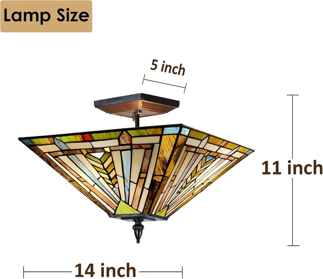 Alt view image 5 of 6 - Tiffany Ceiling Light 14" Mission Style Semi-Flushmount Stained Glass Shade