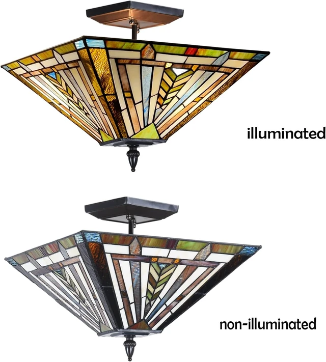 Alt view image 6 of 6 - Tiffany Ceiling Light 14" Mission Style Semi-Flushmount Stained Glass Shade