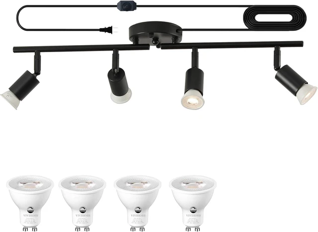 Main image of Dimmable Plug in Track Lighting,Plug in Ceiling Light Fixture,Balck 4 Light Track Light with 16.4' Long Cord,Dimming Switch,4 Way Ceiling Spotlight,Rotatable,LED Bulbs Included