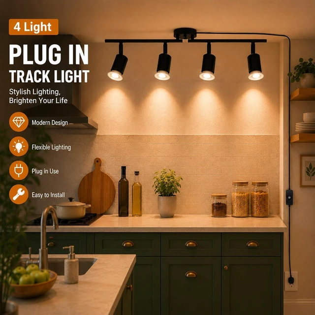 Alt view image 2 of 7 - Dimmable Plug in Track Lighting,Plug in Ceiling Light Fixture,Balck 4 Light Track Light with 16.4' Long Cord,Dimming Switch,4 Way Ceiling Spotlight,Rotatable,LED Bulbs Included