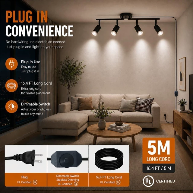 Alt view image 3 of 7 - Dimmable Plug in Track Lighting,Plug in Ceiling Light Fixture,Balck 4 Light Track Light with 16.4' Long Cord,Dimming Switch,4 Way Ceiling Spotlight,Rotatable,LED Bulbs Included