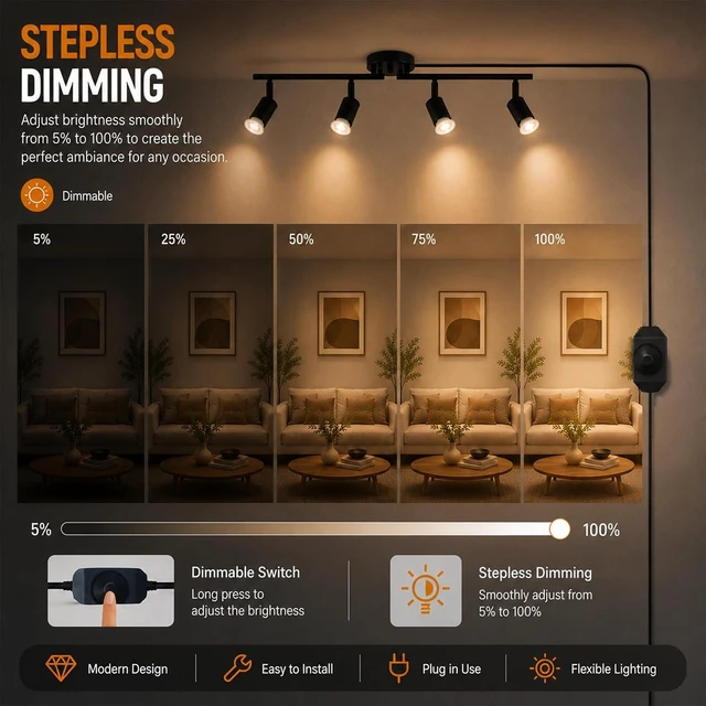 Alt view image 4 of 7 - Dimmable Plug in Track Lighting,Plug in Ceiling Light Fixture,Balck 4 Light Track Light with 16.4' Long Cord,Dimming Switch,4 Way Ceiling Spotlight,Rotatable,LED Bulbs Included