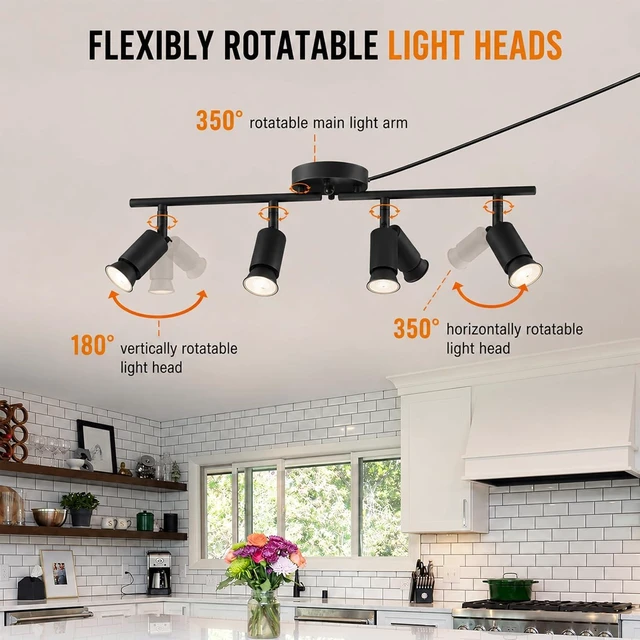 Alt view image 6 of 7 - Dimmable Plug in Track Lighting,Plug in Ceiling Light Fixture,Balck 4 Light Track Light with 16.4' Long Cord,Dimming Switch,4 Way Ceiling Spotlight,Rotatable,LED Bulbs Included