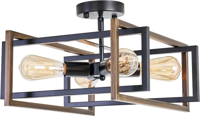 Main image of 4-Light Industrial Flush Mount Ceiling Light Fixture, Matte Black Square Farmhouse Light Fixture, Modern Geometric Metal Cage Ceiling Lamp for Kitchen Island, Dining Room, Hallway, Entryway, E26