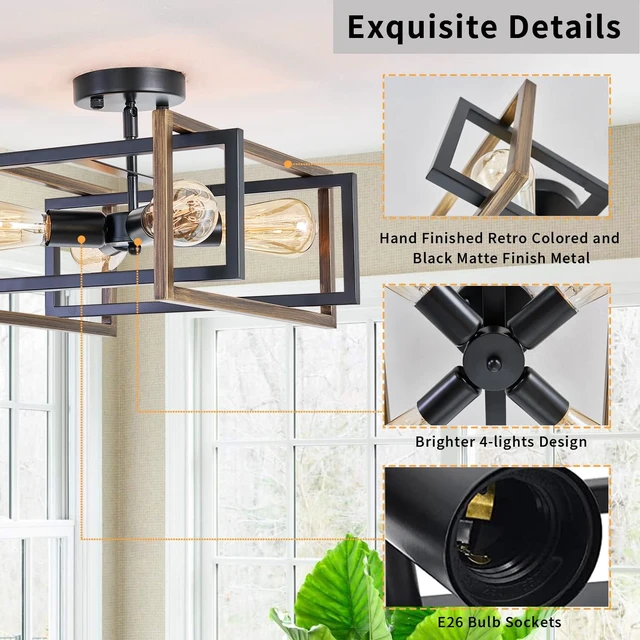 Alt view image 2 of 7 - 4-Light Industrial Flush Mount Ceiling Light Fixture, Matte Black Square Farmhouse Light Fixture, Modern Geometric Metal Cage Ceiling Lamp for Kitchen Island, Dining Room, Hallway, Entryway, E26