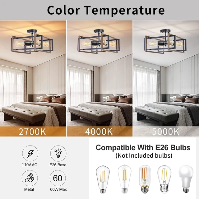 Alt view image 3 of 7 - 4-Light Industrial Flush Mount Ceiling Light Fixture, Matte Black Square Farmhouse Light Fixture, Modern Geometric Metal Cage Ceiling Lamp for Kitchen Island, Dining Room, Hallway, Entryway, E26