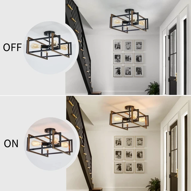 Alt view image 5 of 7 - 4-Light Industrial Flush Mount Ceiling Light Fixture, Matte Black Square Farmhouse Light Fixture, Modern Geometric Metal Cage Ceiling Lamp for Kitchen Island, Dining Room, Hallway, Entryway, E26