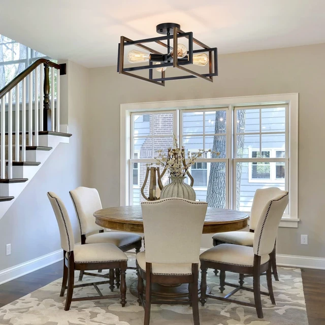 Alt view image 6 of 7 - 4-Light Industrial Flush Mount Ceiling Light Fixture, Matte Black Square Farmhouse Light Fixture, Modern Geometric Metal Cage Ceiling Lamp for Kitchen Island, Dining Room, Hallway, Entryway, E26