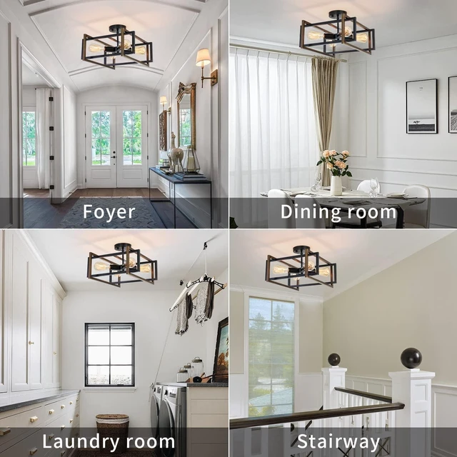 Alt view image 7 of 7 - 4-Light Industrial Flush Mount Ceiling Light Fixture, Matte Black Square Farmhouse Light Fixture, Modern Geometric Metal Cage Ceiling Lamp for Kitchen Island, Dining Room, Hallway, Entryway, E26