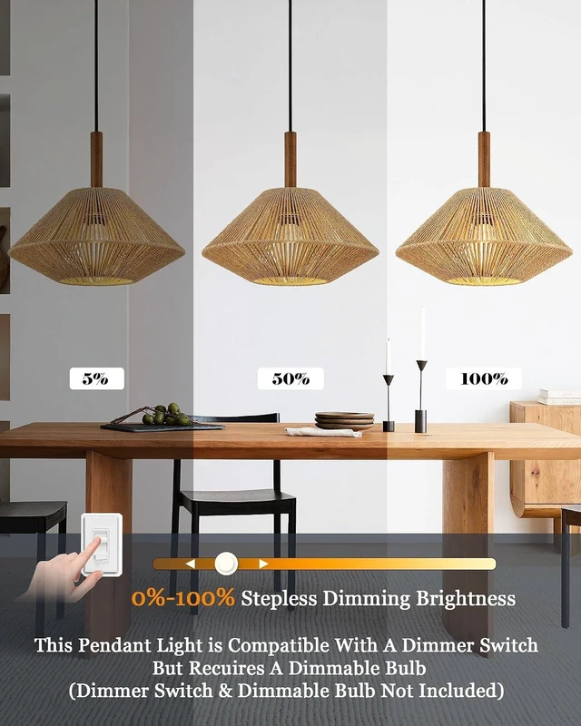 Alt view image 2 of 7 - ELYONA 12.6" Boho Pendant Light Fixtures, Rattan Woven Pendant Light with Solid Ash Wood, Japandi Hanging Light for Kitchen Island, Farmhouse Ceiling Light for Dining Room Bedroom Living Room