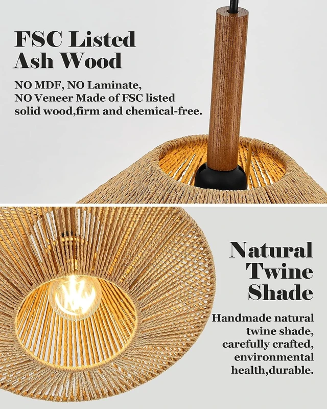 Alt view image 3 of 7 - ELYONA 12.6" Boho Pendant Light Fixtures, Rattan Woven Pendant Light with Solid Ash Wood, Japandi Hanging Light for Kitchen Island, Farmhouse Ceiling Light for Dining Room Bedroom Living Room