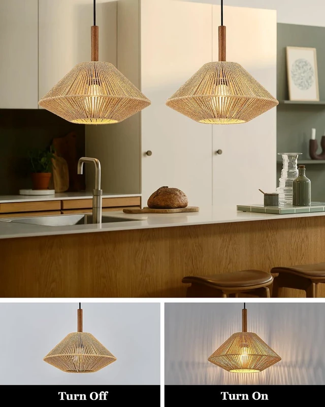 Alt view image 4 of 7 - ELYONA 12.6" Boho Pendant Light Fixtures, Rattan Woven Pendant Light with Solid Ash Wood, Japandi Hanging Light for Kitchen Island, Farmhouse Ceiling Light for Dining Room Bedroom Living Room