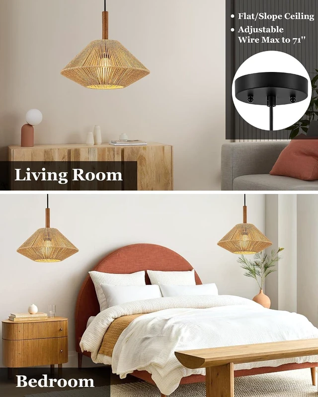 Alt view image 5 of 7 - ELYONA 12.6" Boho Pendant Light Fixtures, Rattan Woven Pendant Light with Solid Ash Wood, Japandi Hanging Light for Kitchen Island, Farmhouse Ceiling Light for Dining Room Bedroom Living Room