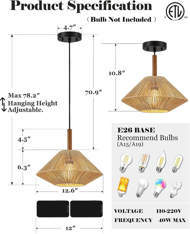 Alt view image 6 of 7 - ELYONA 12.6" Boho Pendant Light Fixtures, Rattan Woven Pendant Light with Solid Ash Wood, Japandi Hanging Light for Kitchen Island, Farmhouse Ceiling Light for Dining Room Bedroom Living Room