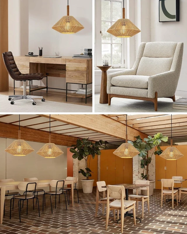 Alt view image 7 of 7 - ELYONA 12.6" Boho Pendant Light Fixtures, Rattan Woven Pendant Light with Solid Ash Wood, Japandi Hanging Light for Kitchen Island, Farmhouse Ceiling Light for Dining Room Bedroom Living Room