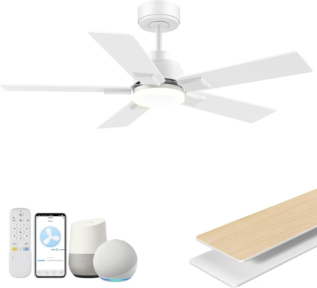 Main image of 42Inch Smart Ceiling Fan with Lights Remote,APP&Voice Alexa WIFI Controled,Quiet Reversible DC Motor,Dimmable LED,Indoor Outdoor,Small Modern Ceiling Fan,for Bedroom Patio Porch,White&Light Wood